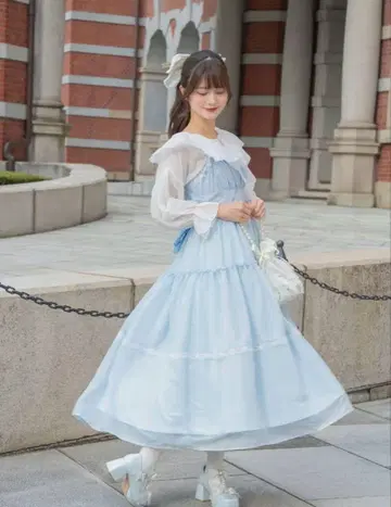 스카이블루 리본 포함 맥시 드레스