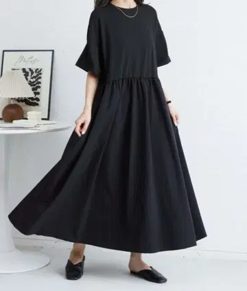 메종드테레즈 반팔 절개 개더 롱 원피스