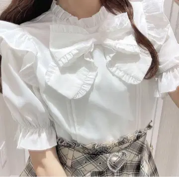evelyn 에블린 리본 턱 BS 블라우스 반팔 화이트