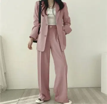 핑크 셋업 테일러드 자켓 와이드 팬츠