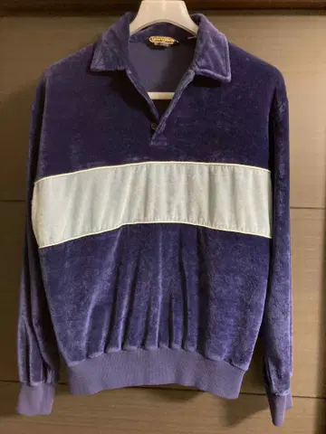 Sears 벨벳 피케 셔츠 보라색 스트라이프 긴팔