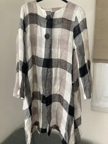LAPRIMO 체크 무늬 린넨 롱 가디건