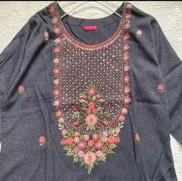 K85 미사용 새상품 XL 흑먹색 롱 쿠르타 손자수 더스티 핑크 인도