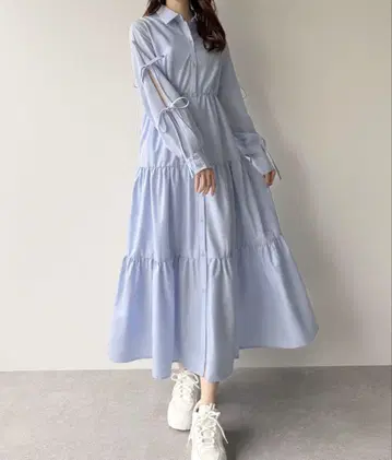 소매 리본 티어드 셔츠 원피스