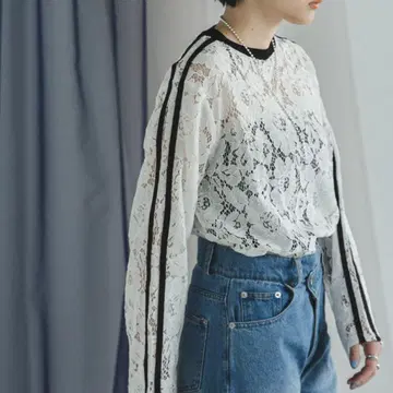 bohmal 쓰리 브라 라인 레이스 롱 T 컷 티셔츠 화이트
