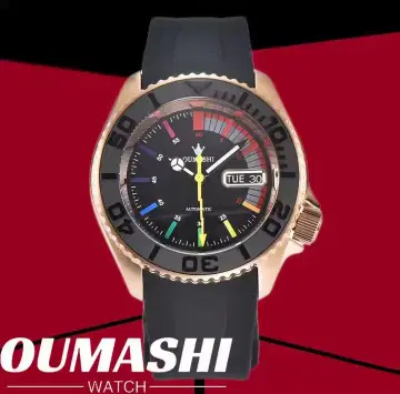 OUMASHI 자동 감기 손목시계 블랙/금 러버 벨트