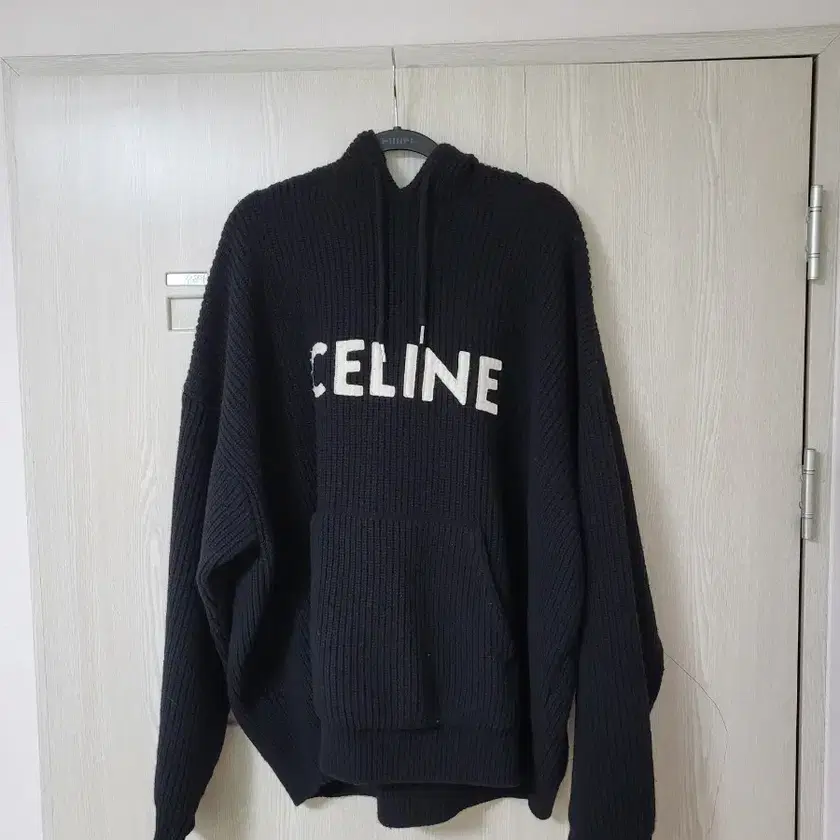 M] Celine Ribbed Logo Oversized Fit Wool Knit Hoodie Black