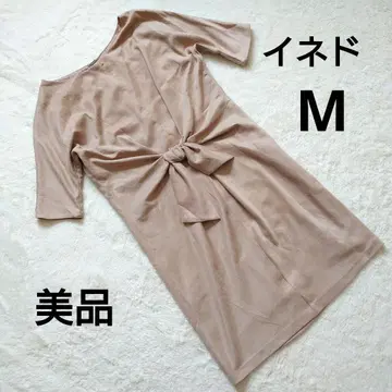 새상품급 INED 이네드 베이지 반팔 허리 리본 무릎 기장 원피스 M