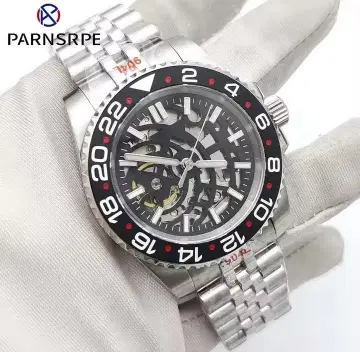 PARNSRPE 자동 감기 손목 시계 실버 벨트 스켈레톤