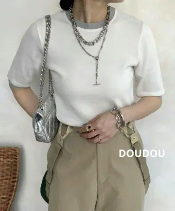 DOUDOU 5부 소매 배색 니트