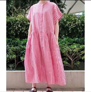 사만사 모스모스 개더 원피스 깅엄 체크 밴드 카라 면