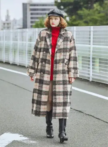 jouetie 쥬에티 체크 무늬 맥시 체스터 코트