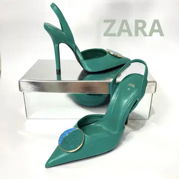 컨디션 최상 ZARA 자라 비쥬 장식 슬링백 신발 35 그린
