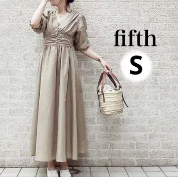 fifth 반팔 허리 개더 원피스 베이지