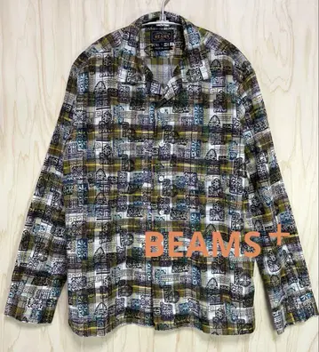 BEAMS+ 인디언 마드라스 체크 블록 프린트 카라 셔츠 S
