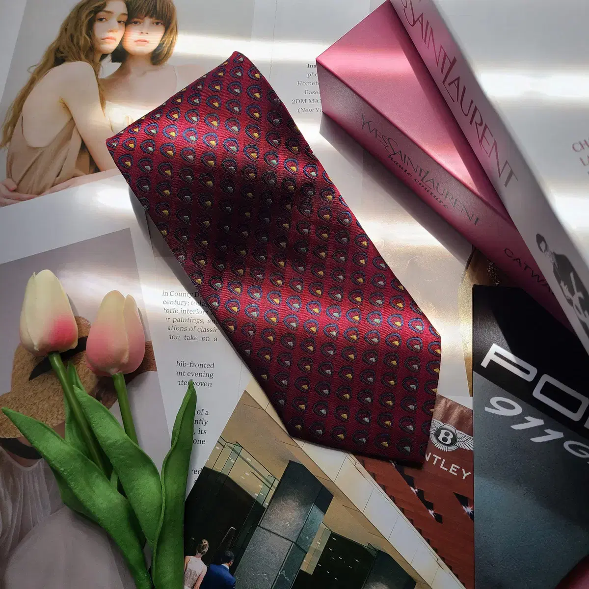 Saint Laurent Silk Burgundy Classic Pattern Tie 9.5cm A+ Grade E545