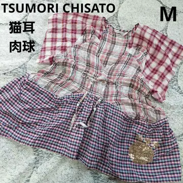 츠모리치사토 고양이 귀 고양이 발바닥 코튼 체크 블라우스 반팔 M