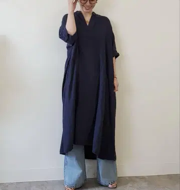 아메리칸 홀릭 린넨 블렌드 스키퍼 롱 원피스 네이비