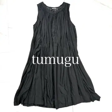 tumugu:  슬리브리스 롱 원피스 블랙 개더 레이온 혼방