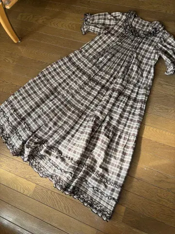 핑크하우스 체크 무늬 롱 원피스 반팔