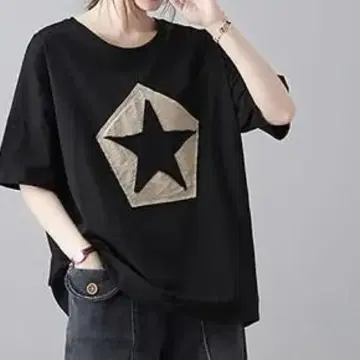 스타 디자인 패치워크 티셔츠 상의 별 패턴 블랙 새상품