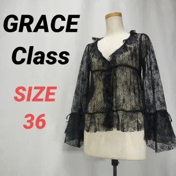 GRACE Class 레이스 블라우스 프릴 시스루 프론트 오픈 블랙