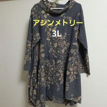 3L 비대칭 변형 꽃무늬 체크 긴팔 롤 칼라 튜닉