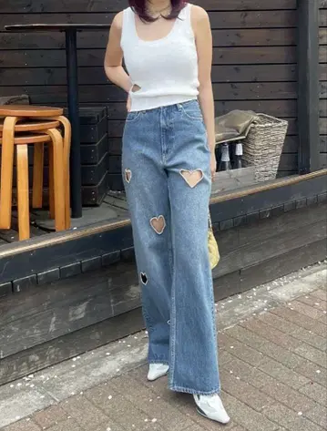 EVRIS 하트 커팅 와이드 데님 팬츠