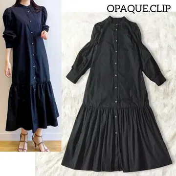 오파크 도트 클립 셔츠 원피스 롱 블랙 밴드 카라 긴팔