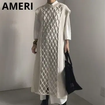 AMERI 아메리 원피스 레이어드 메쉬 니트 롱 화이트
