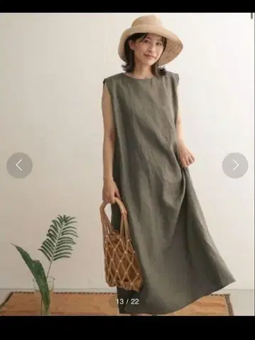 린넨 슬리브리스 롱 원피스 올리브 그린