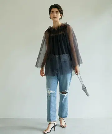 새상품급 개럴개런트 얇은 명주 그물 탑 블랙