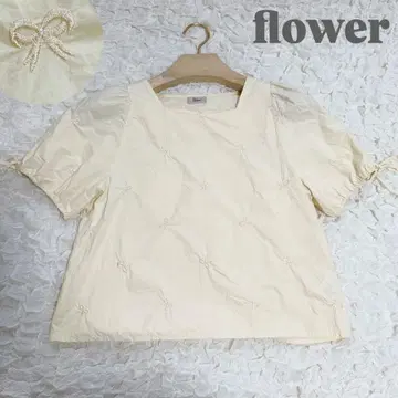 flower 리본 무늬 블라우스 퍼프 슬리브 자수 스퀘어 넥
