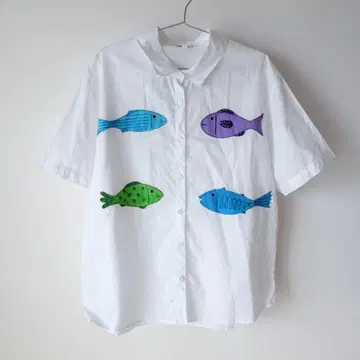 USED 구제 의류 컬러풀 물고기 자수 반팔 화이트 셔츠