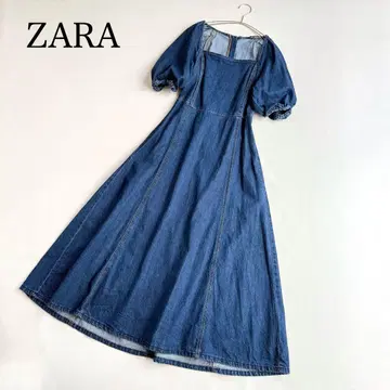 ZARA 자라 데님 플레어 롱 원피스 스퀘어 넥 블루 M 사이즈