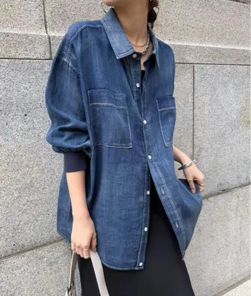 DOUDOU 소매 리브 시어 데님 셔츠