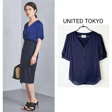 UNITEDTOKYO UBCS 메탈 버튼 V넥 퍼프 슬리브 블라우스