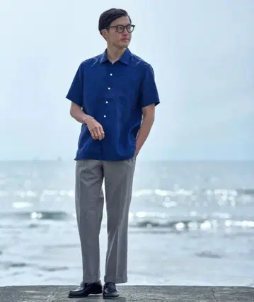 가마쿠라 셔츠 캐주얼 셔츠 반팔 린넨 블루 L 새상품급