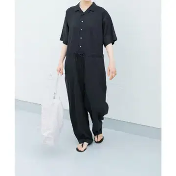 카구레 린넨 하프 슬리브 올인원 블랙