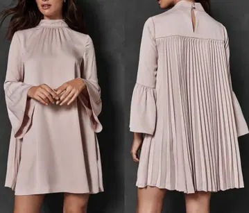 ted baker 플리츠 플레어 소매 원피스 핑크 골드 버튼