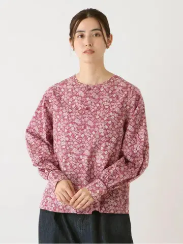 전후 2WAY 노카라 블라우스 리버티 프린트 레드 M 상의 셔츠