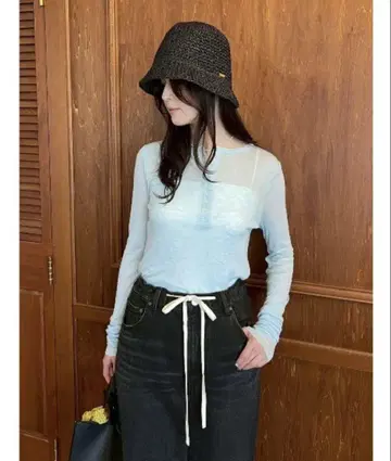 Mila Owen 울 혼방 헨리넥 시어 롱 T 블루