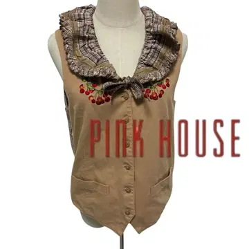 PINK HOUSE 베스트 프릴 자수 체리 체크 패치워크