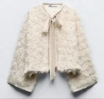 ZARA 비즈 프레이드 자켓 아이보리 화이트 리본 가디건