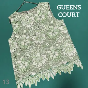 QUEENS COURT 그린 꽃무늬 자수 슬리브리스 탑