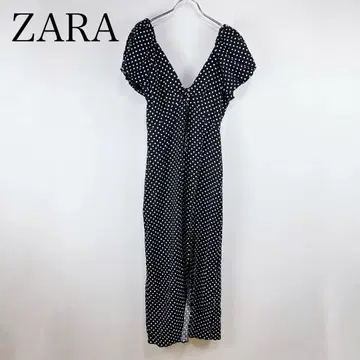 자라 M 사이즈 린넨 블렌드 폴카 도트 미디 원피스 블랙