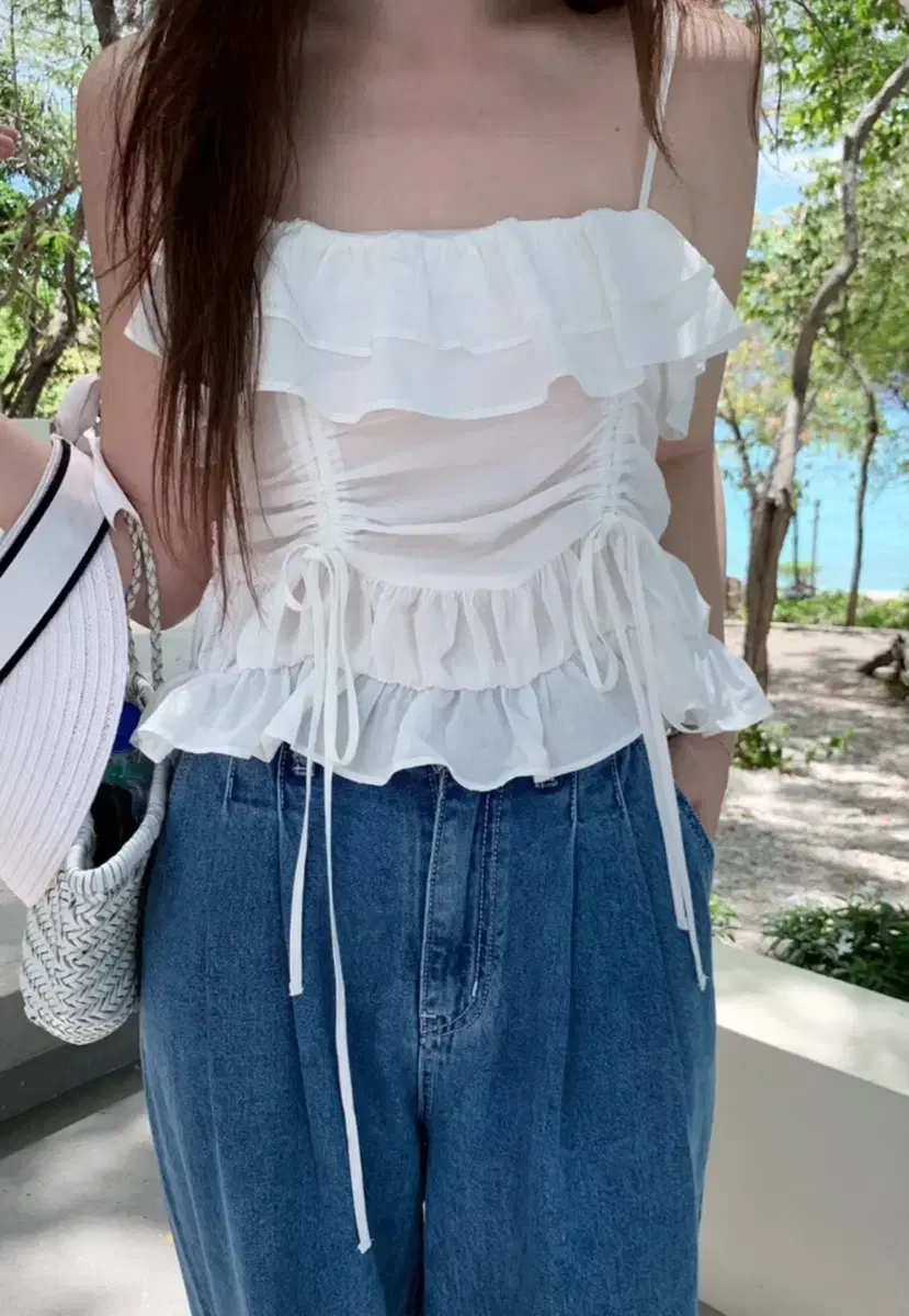 vegetable Vegetable See Through Shirring Top Sleeveless Crop Frill Blouse