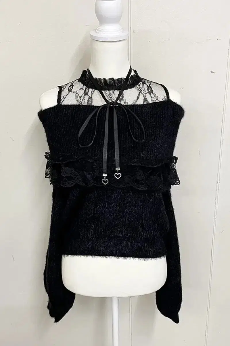 Mars Angora Lace Off-Shoulder Knit Black
