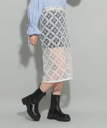 Ray BEAMS 튤 테이프 자수 스커트