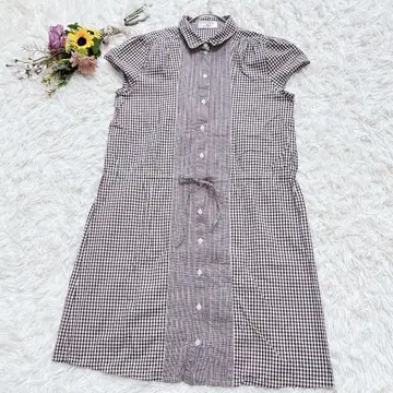 마마코코 [F] 코튼 반팔 셔츠 원피스 리본 깅엄 체크 브라운